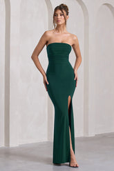 Bottle Green Bandeau Split Lace-Up Maxi Dress